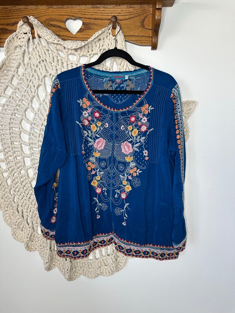 Johnny Was Indigo Floral Embroidered Peasant Top